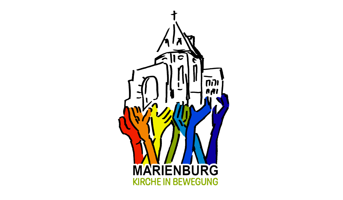 Das Logo zeigt eine stilisierte Zeichnung der Marienburg mit einem Kreuz auf dem Dach. Unterhalb der Burg erheben sich farbige Hände in den Farben des Regenbogens. Darunter steht das Wort „Marienburg, Kirche in Bewegung“.