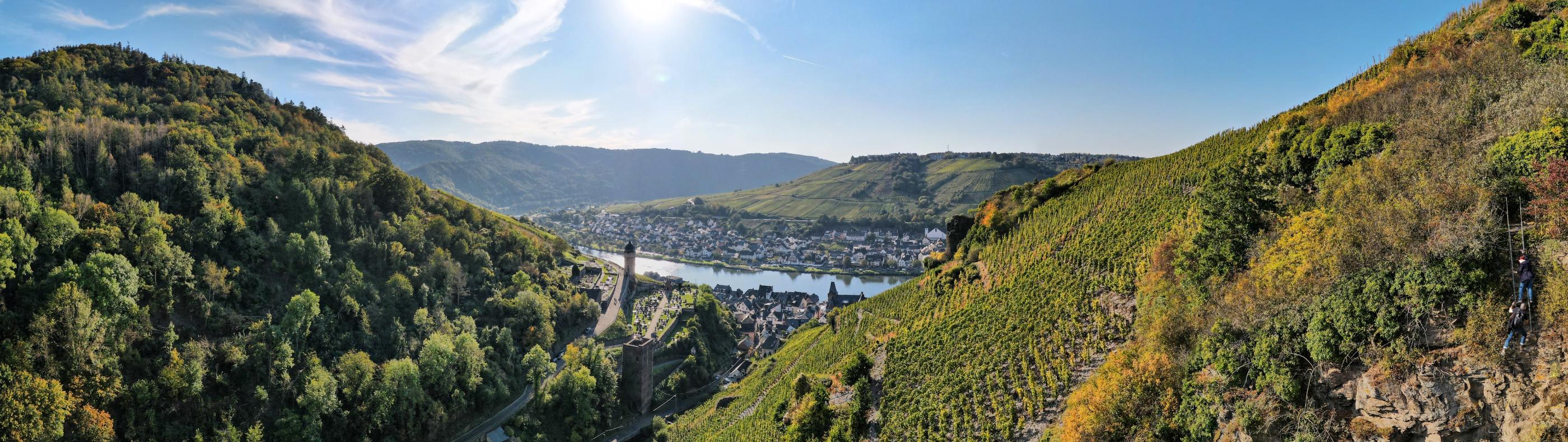 Blick von einem Seitental auf die Mosel mit Ortschaften