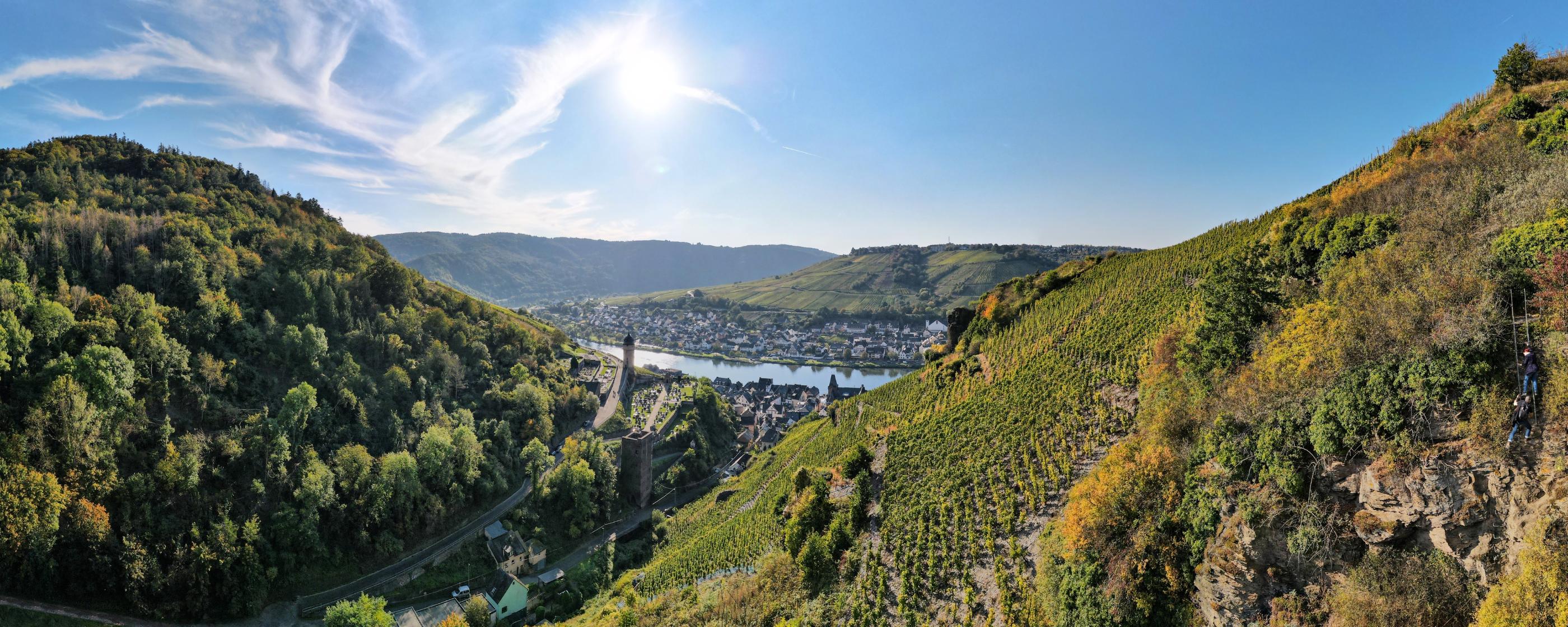 Blick von einem Seitental auf die Mosel mit Ortschaften