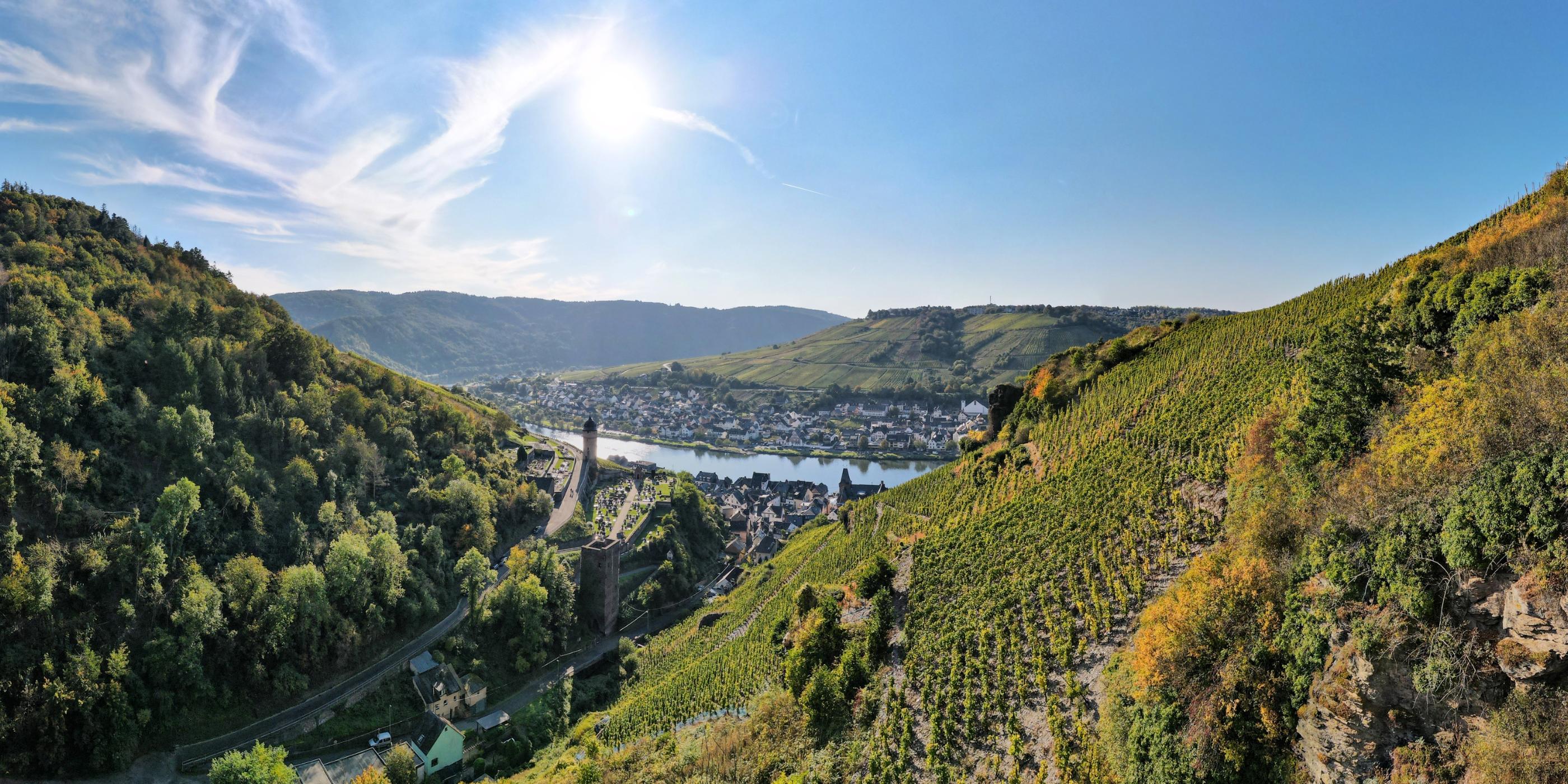 Blick von einem Seitental auf die Mosel mit Ortschaften